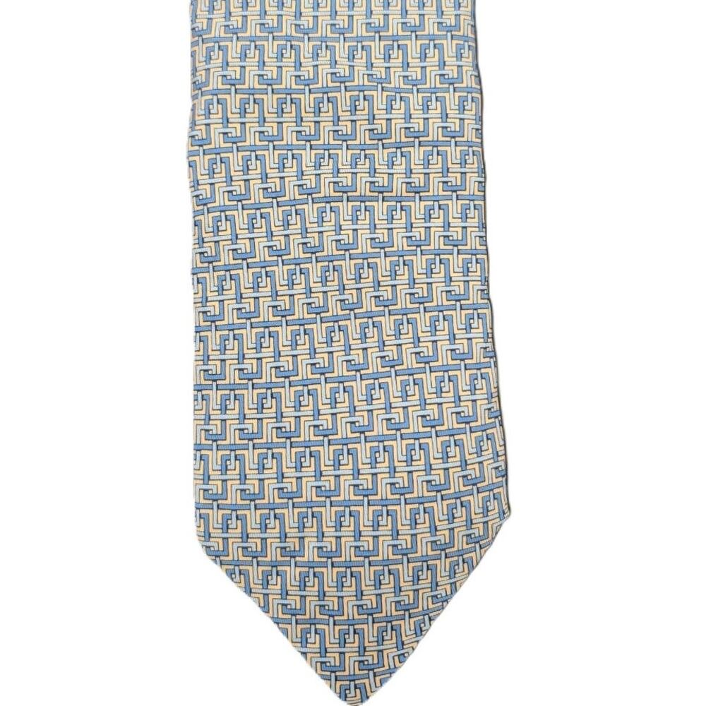 Vintage Hermès 100% Silk Men's Yellow Tie With Blue Geometric Designs